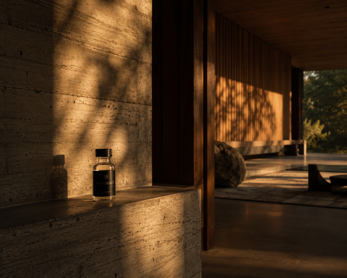 Mid-century concrete and walnut interior with a single glass vial on stone